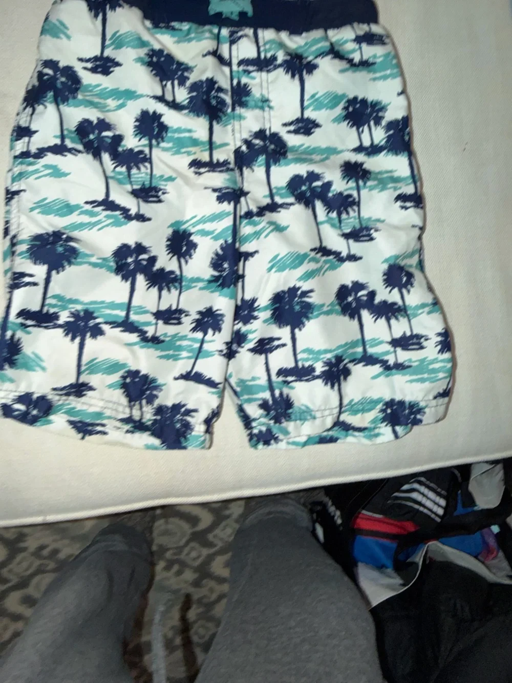 Cat & Jack White Swim Trunks with Teal and Navy Palm Print
